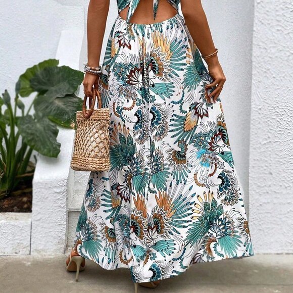 Multicolor Boho Womens Women's Tie Back Printed Spaghetti Strap Dress - Picture 4 of 5